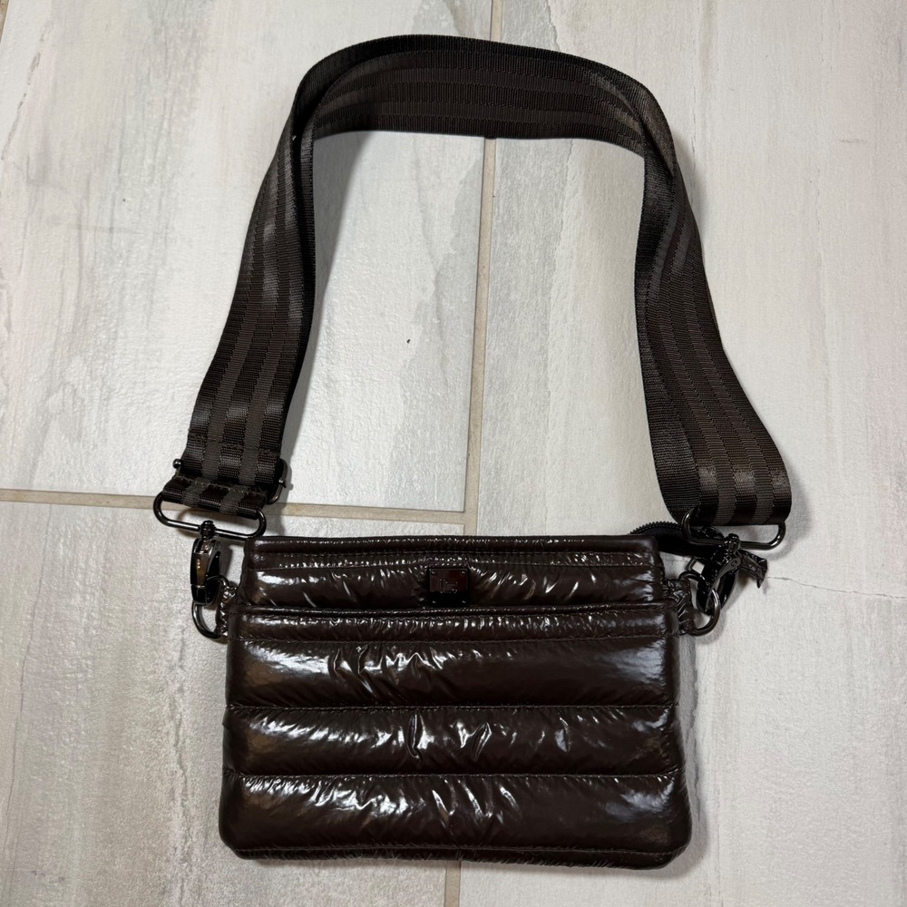 Think Royln Bum Bag Crossbody Puffer Bag Brown Patent Quilted Messenger